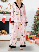 Women's Christmas Pajamas Set Long Sleeve V Neck Stocking Tree Print Tops and Pants Lounge Wear Two Pieces Suits