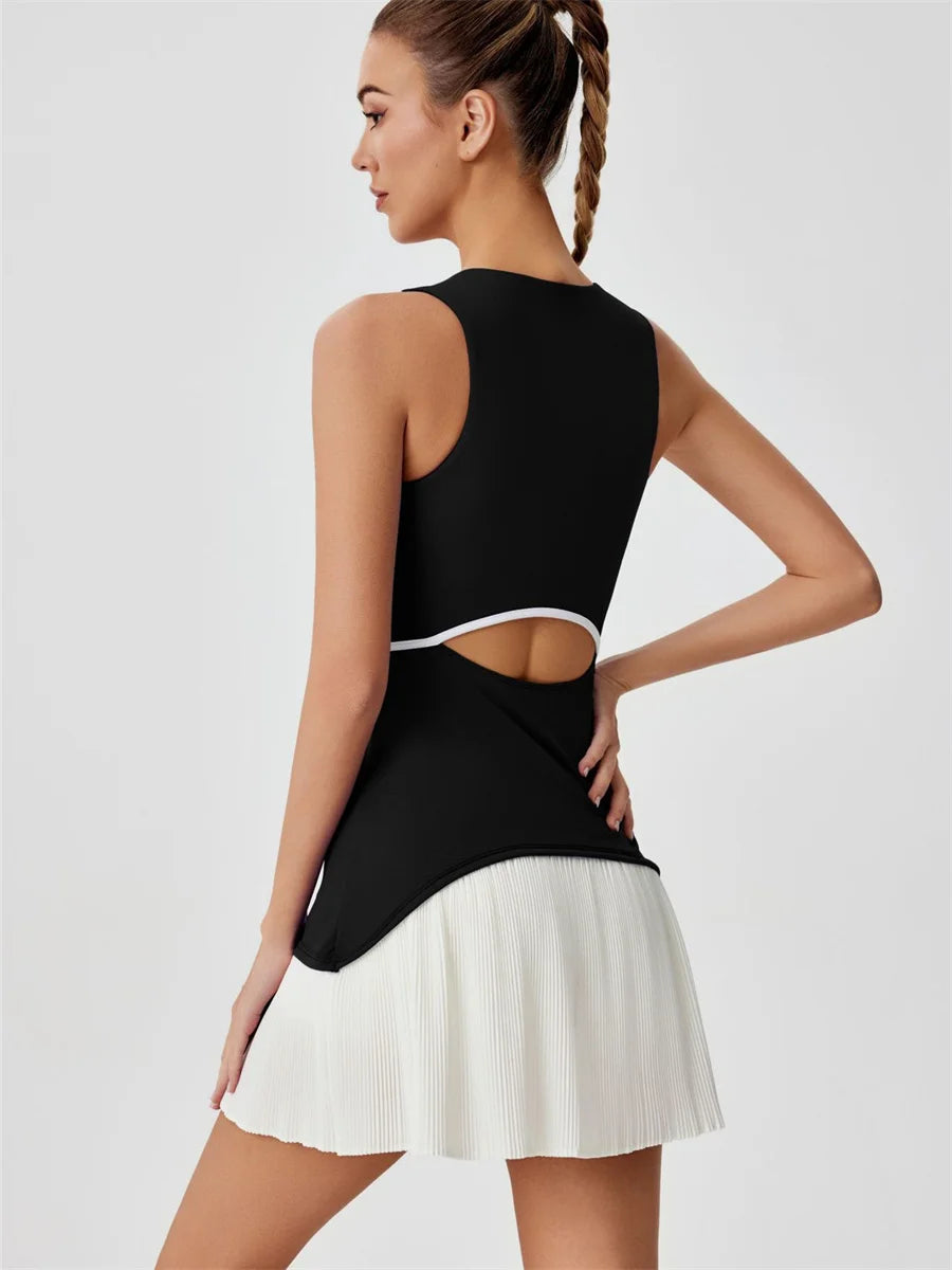 Women One-piece Tennis Dress Summer Black Contrast Pleated Anti Light Speed Dry Sports Dresses Hollowed Out Back Yoga Clothes