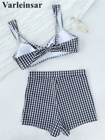 Plaid V Neck Shorts Female Swimsuit High Waist Bikini Women Swimwear Two-Pieces Bikini Set Padded Bather Bathing Suit Swim V8272