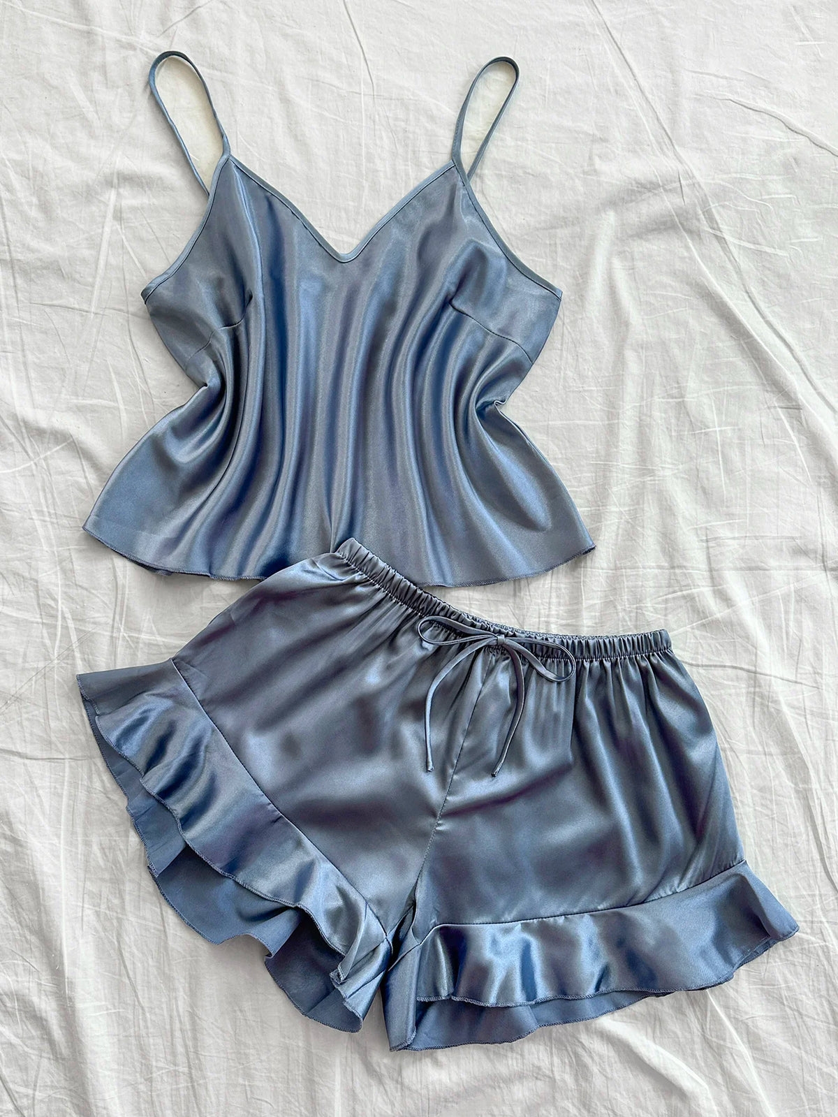 Sexy Solid Women's Pajama Set Breathable Top and Ruffle Shorts Sleepwear Summer Loungewear for Home Relaxation