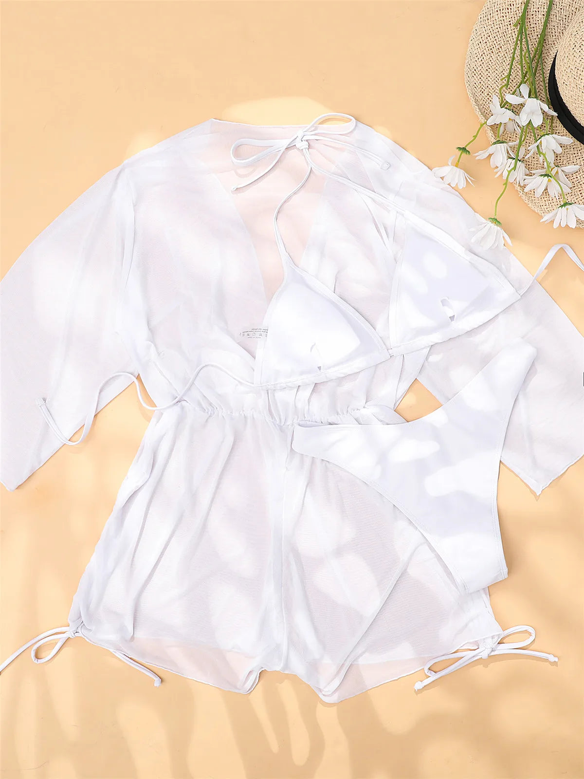 Sexy Long Sleeves Cover Up Bikini Set Women White Black Push Up Mesh Dress 3 Piece Swimsuit Bathing Suit Thong Swimwear 2026