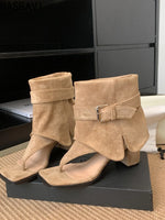 New Design Clip Toe Ankle Boot Sandals Women Fashion Suede Comfort Square Heels Hollow Out Buckle Strap Gladiator Rome Sandals