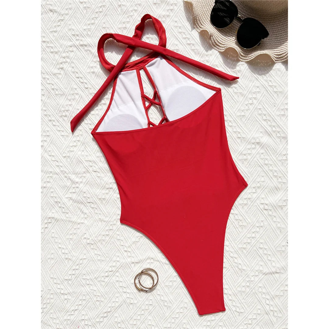 S - XL 7 Colors Lace Up High Neck Full Back Women Swimwear One Piece Swimsuit Female High Leg Cut Bather Bathing Suit Swim V6272