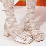 2026 y2k Block High Heels Summer Vintage Black Satin Pink Lolita Mary Janes Shoes Women Sweet Cross-tied Ballet Pumps Footwear