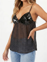Women Spaghetti Strap Tank Tops Sleeveless Deep V Neck Sequin Corset Vest Daily Out Going Club Camisole Shirts Summer