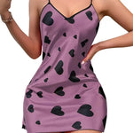 Women's holiday imitation silk four seasons love print fashion V-neck open elegant slip nightdress