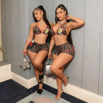 Leopard print sexy two-piece hot girl nightclub style shorts set