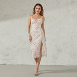 Women Summer Floral Print Party Club Midi Dress Sleeveless Spaghetti Strap Bustier Backless Thigh Slit Slim Dress