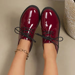 British Style Versatile Lace-Up Patent Leather Women's Single Shoes round Toe Flat Heel Summer Pure Color Adult Footwear