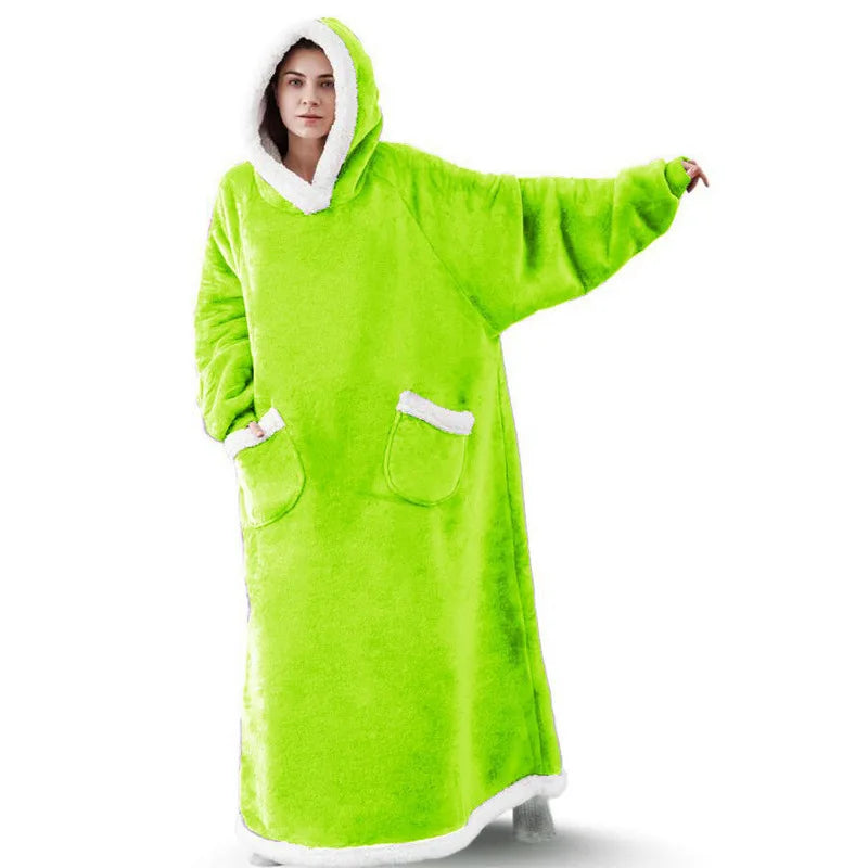 New 120/150cm Winter Thick Blanket Extra Plush Hoodie Lengthened Large Pocket Imitation Cashmere Home Coat Fleece TV Blanket 1pc