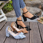 Women's Bowknot Ankle Strap Block Heel Pointed Toe Pumps for Wedding Party