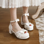 Women's White Pink Bowknot Single Sandals Ruffles High Heels Girls Student Mary Janes Lolita Party Dress Shoes Size 32-48 French