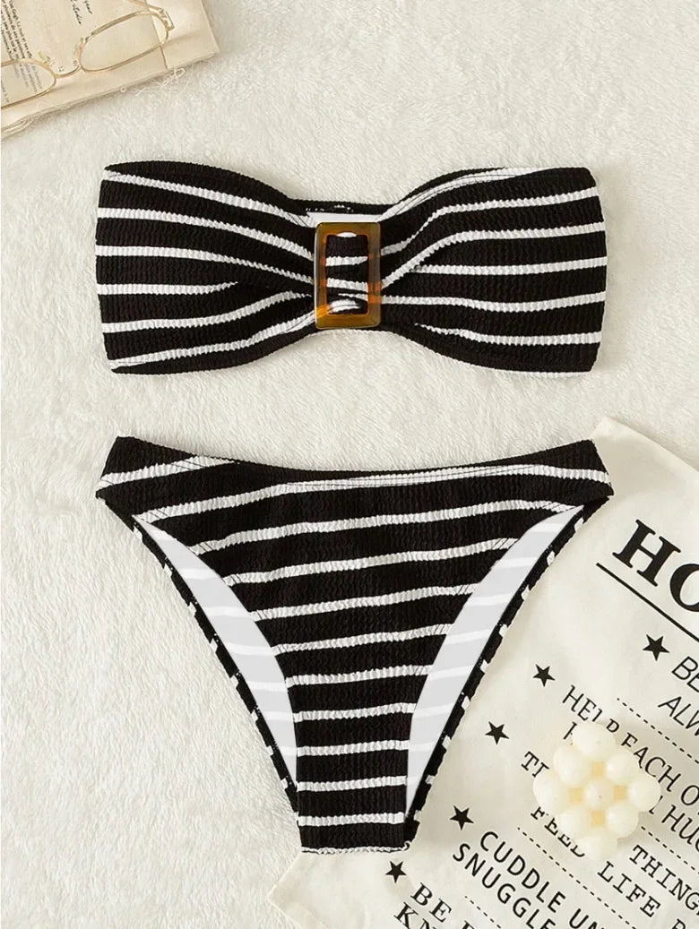 Blue Striped Bikini 2025 Brazilian Biquini Bandeau Two Pieces Swimsuit Women Thong Bathing Suit Swimwear Female Summer Beachwear
