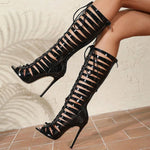 Big Size 42 Lace-up Thin High Heels Gladiator Sandals Women Sexy Black Dancing Party Shoes Stiletto Summer Knee High Boot Zipper