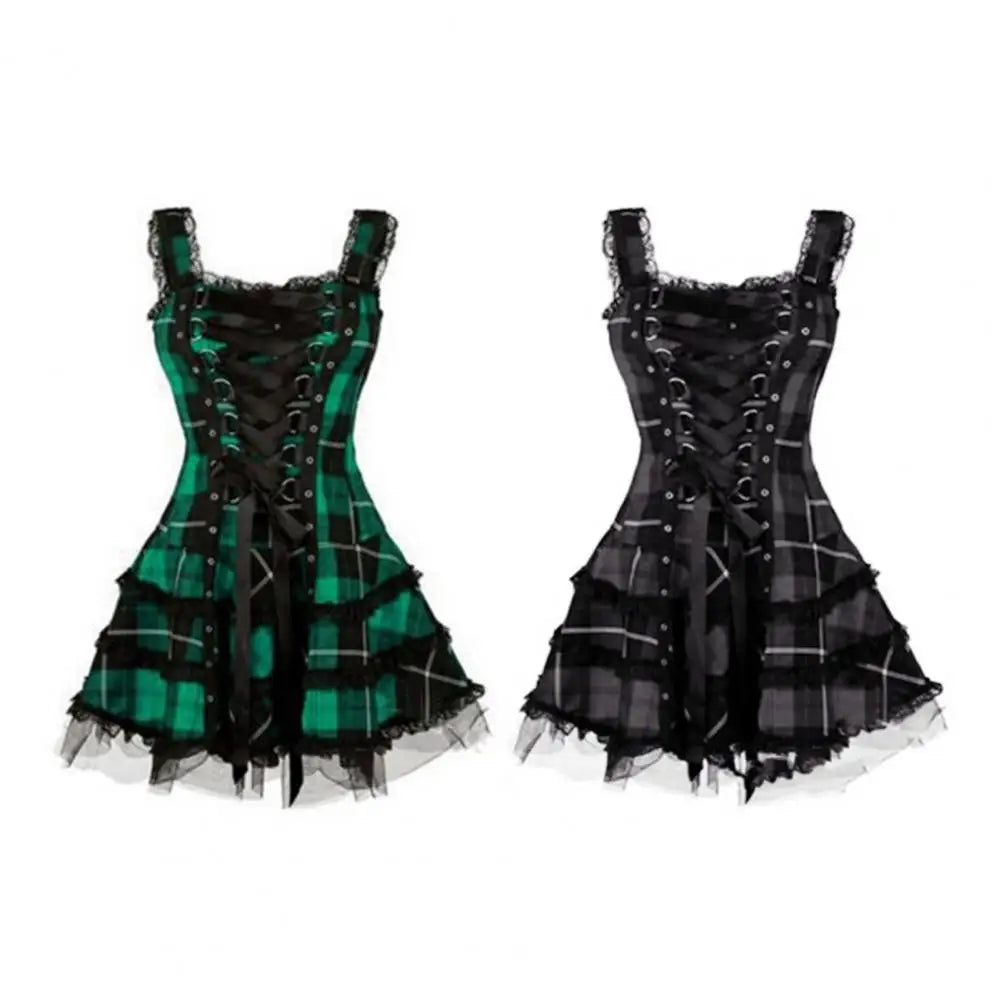 Lace Up Sleeveless A-Line Dress Steampunk Plaid Mini Dress for Women Medieval Renaissance Corset Lace Trim Gothic Dress
