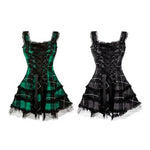 Lace Up Sleeveless A-Line Dress Steampunk Plaid Mini Dress for Women Medieval Renaissance Corset Lace Trim Gothic Dress