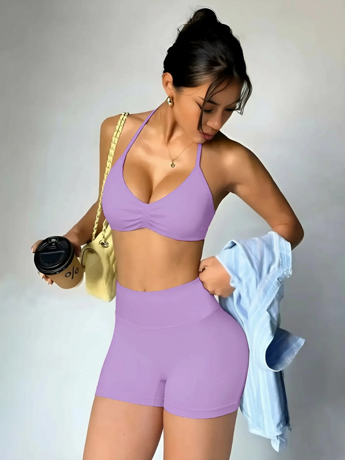 Sexy Black Polka Dot Print Seamless Yoga Sets Women Hanging Neck Pleate Sports Bra Tight High Waist Short Running Fitness Suits