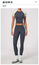 Nake Yoga Set Women's Tracksuit Color Contrast Short Sleeve Slim Sports T Shirts High Waist Leggings Fitness Clothes Gym Outfits