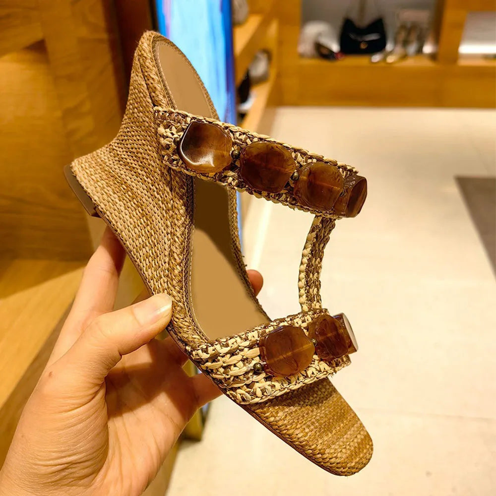Boho Raffia Comfortable 8cm High Heels Wedge Slide Mules T-Strap Vacation Beach Straw Heels Espadrille Wedge Sandals Women Shoes