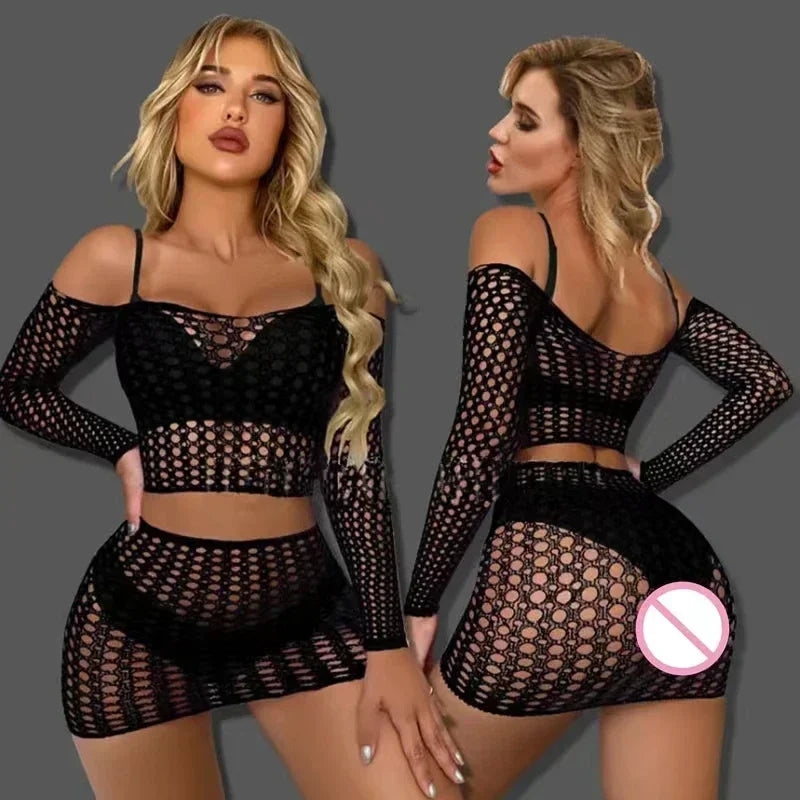 Mature and plus-size women's clothing, fishnet dress, sheer design, suitable for nightclub wear, and a sexy lingerie set.