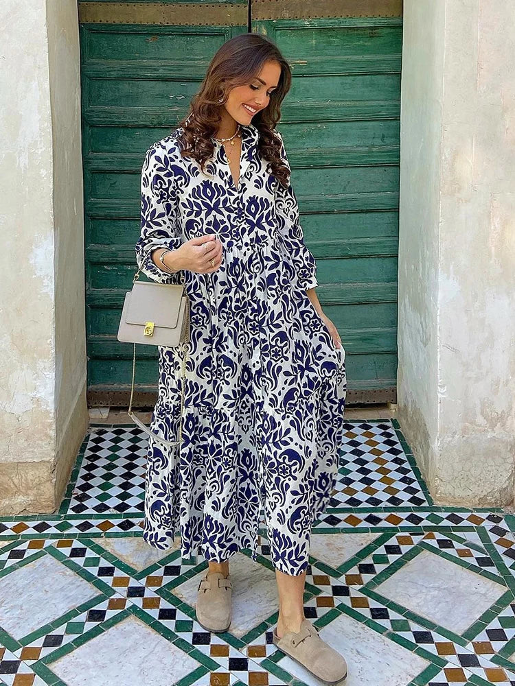 Foridol Blue Flower Print Vintage Casual Shirt Dress Women 2025 Single Breasted Loose Boho Maxi Long Vestidos Dresses Fashion