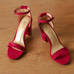Beige Suede Ankle Strap Block Heel Sandals for Women, Round Open Toe with Rhinestone Accent, Multiple Colors Available