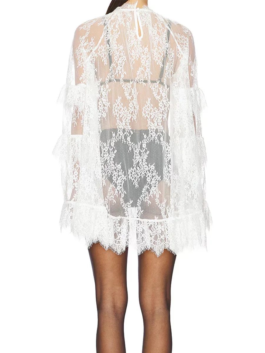 Women See Through Lace Dress Layered Flare Long Sleeve Crew Neck Ruffle Dress for Party Cocktail Club Dress Cover-ups