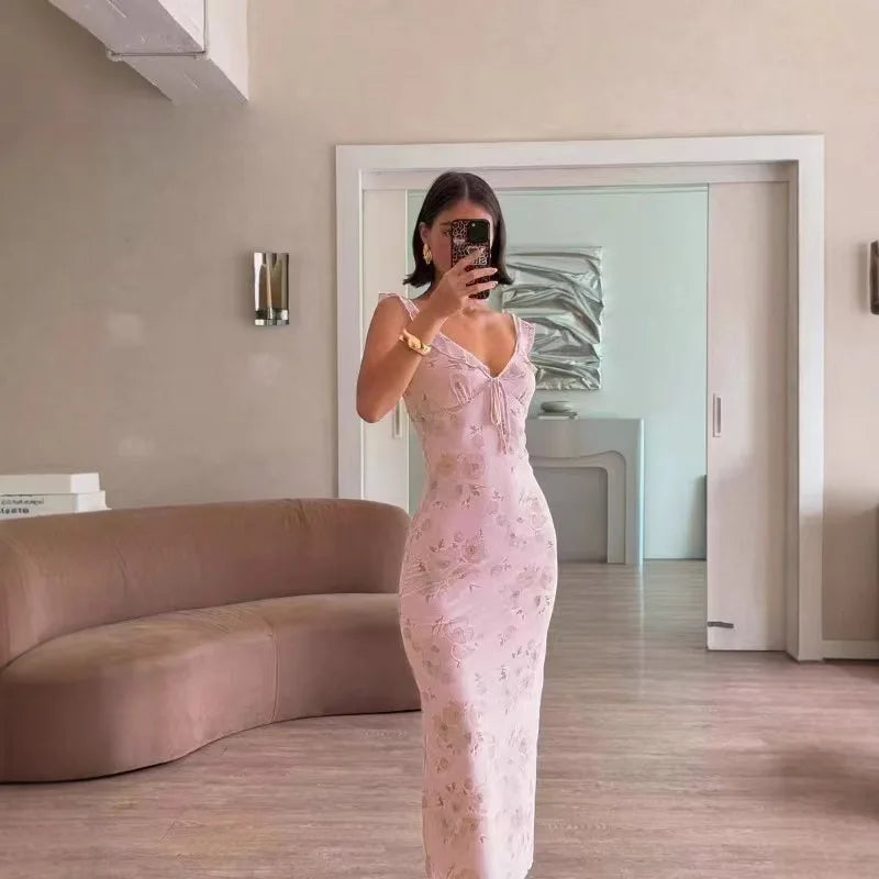 Sexy Elegant Flower Print Slim Long Dresses Women V-neck Low Cut Leace-up Backless Package Hip Bodycon Sleeveless Dress Female
