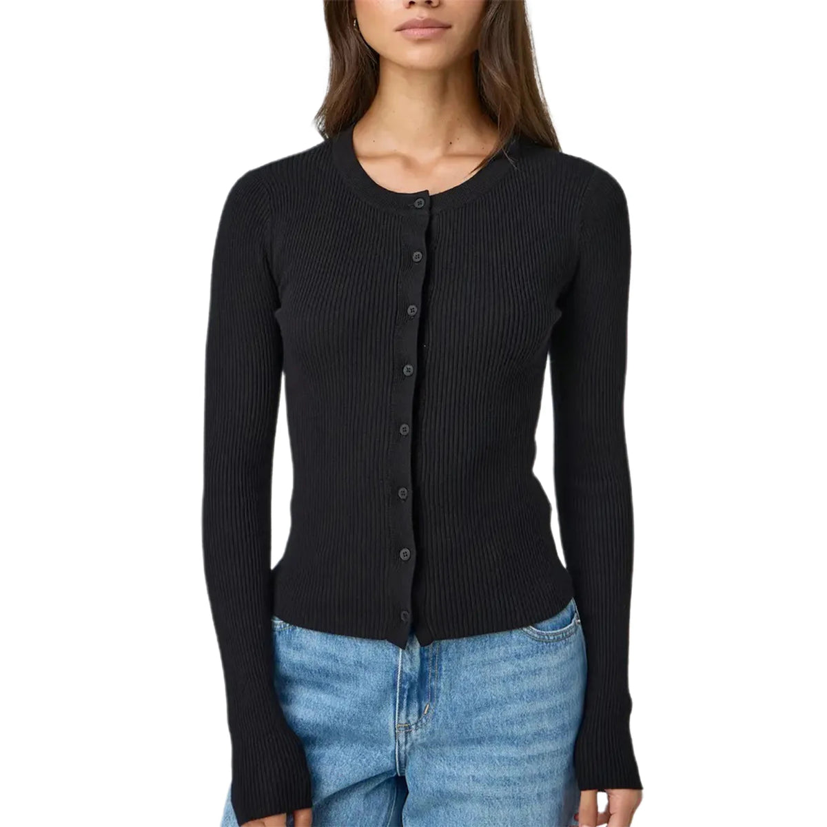 Autumn Winter Sweater Cardigan Women Solid Color Long Sleeve Round Neck Button Up Ribbed Knitwear Slim Coat