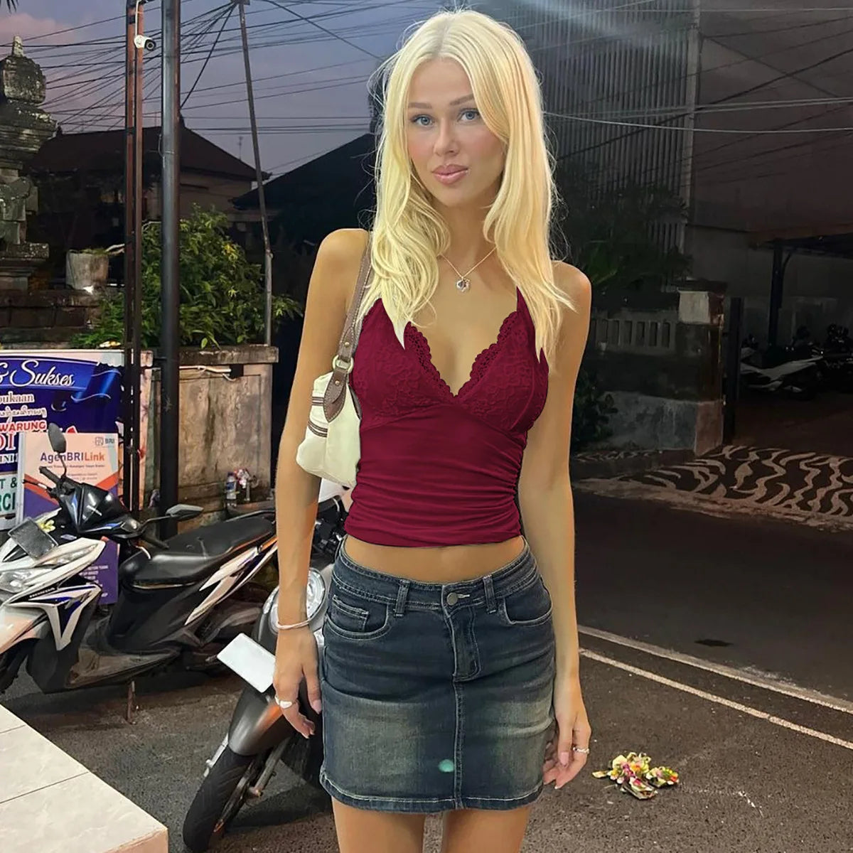 FDYOUI Woman Clothing Lace Patchhwork Camisoles Top Y2K Streetwear Sexy Halter Neck Bandage Cropped T-shirt Female Corset Tops