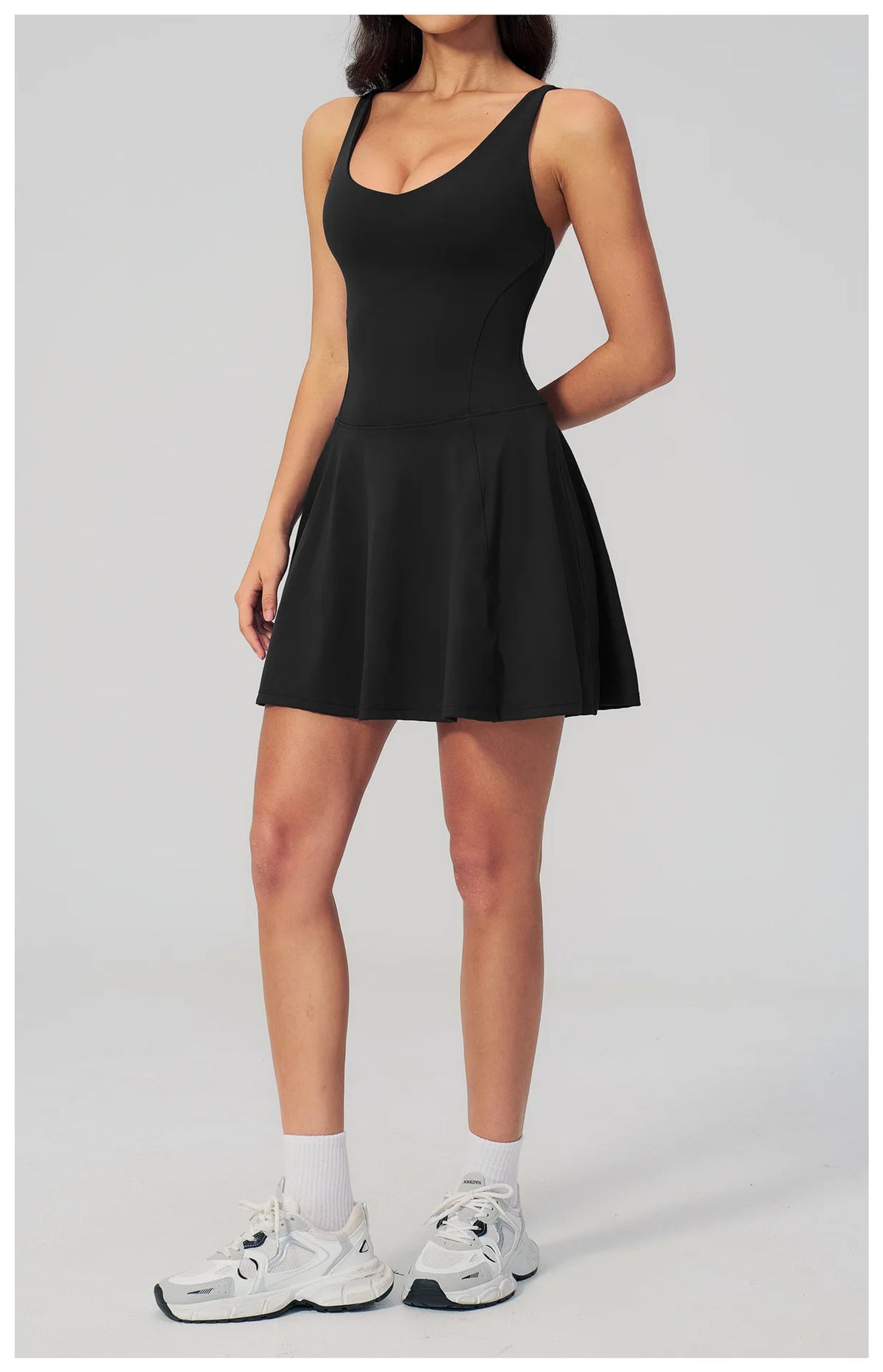 Bodycon Tennis Dress with Shorts Pocket Women Speed Dry Sleeveless V Neck One Piece Sport Outfit Short Dress Fitness Yoga Set