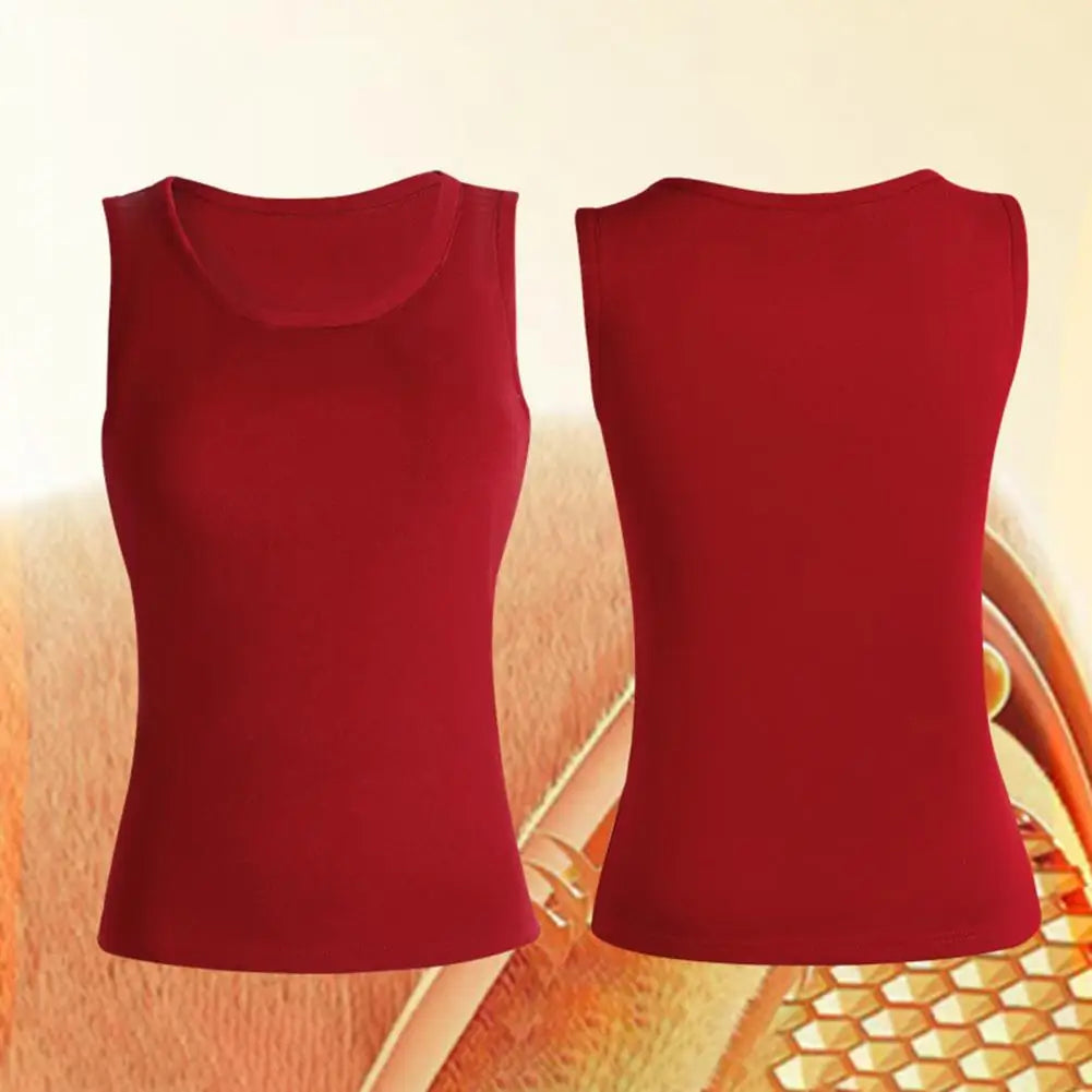 Women Thermal Vest Round Neck Sleeveless Thick Fleece Lining Bottom Vest Solid Color High-Elastic Fit Thermal Tops
