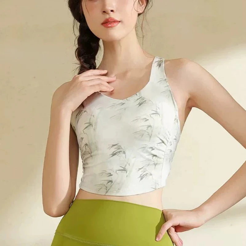Women's Elegant Printed Yoga Sports Vest Shock Resistant Fitness Outerwear Beautiful Back Cross Shaped Design