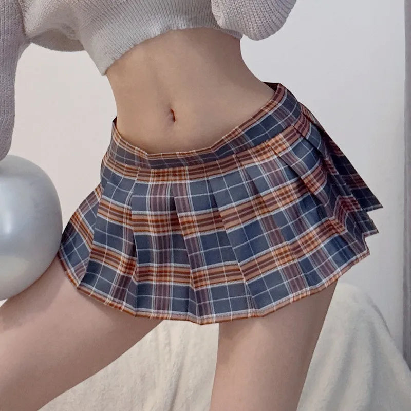 Sexy Plaid Pleated Mini Skirt Cosplay Outfit for Women Bodycon Clubwear Japanese Style Cute Ultra Short Lingerie Costume
