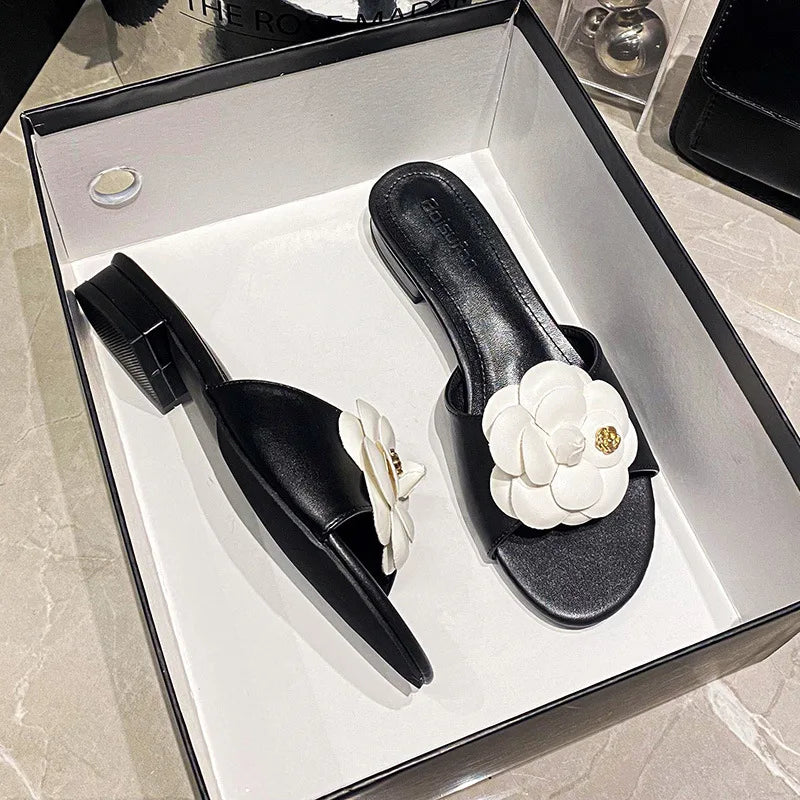 High End Luxury Flower Slippers Women Camellia Shoes Open Toe Slides Femme Outside&Home Pantuflas Sandals Ladies Flip Flops
