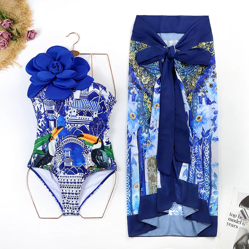 2024 Sexy Sling Ruffle Solid Two Pieces Bikini Women High Waist 3D Flower Swimsuit Skirt Summer Backless Beachwear Bathing Suit