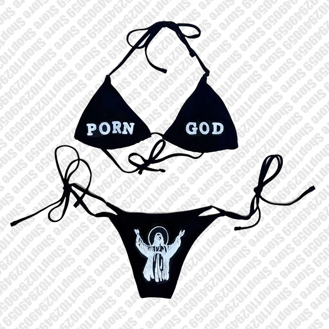 Sexy Gothic Bikini 2000s Women Letters Print Swimsuit Split Bathing Suit High Waist Gothic Bikinis Sets Beach Outfits Emo Girls