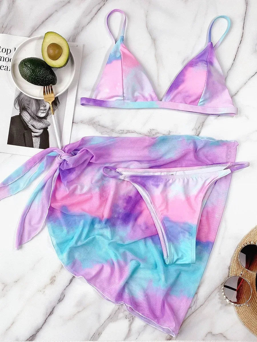 With Mesh Skirt Sarong Tie Dye Micro Bikini Women Swimsuit Female Swimwear Three Pieces Bikini Set Bathing Suit Swim Beachwear
