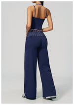 Women's 2 Piece Yoga Set Halter Neck Crop Top Fold Over Waist Wide Legged Flare Trousers Polka Dot Striped Gym Workout Running