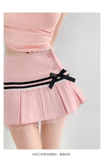 Striped Contrasting Color Bow Lace Splicing Pleated Skirt Women 2026 Summer American Style Low WaistA-line Short Skirt UBFK