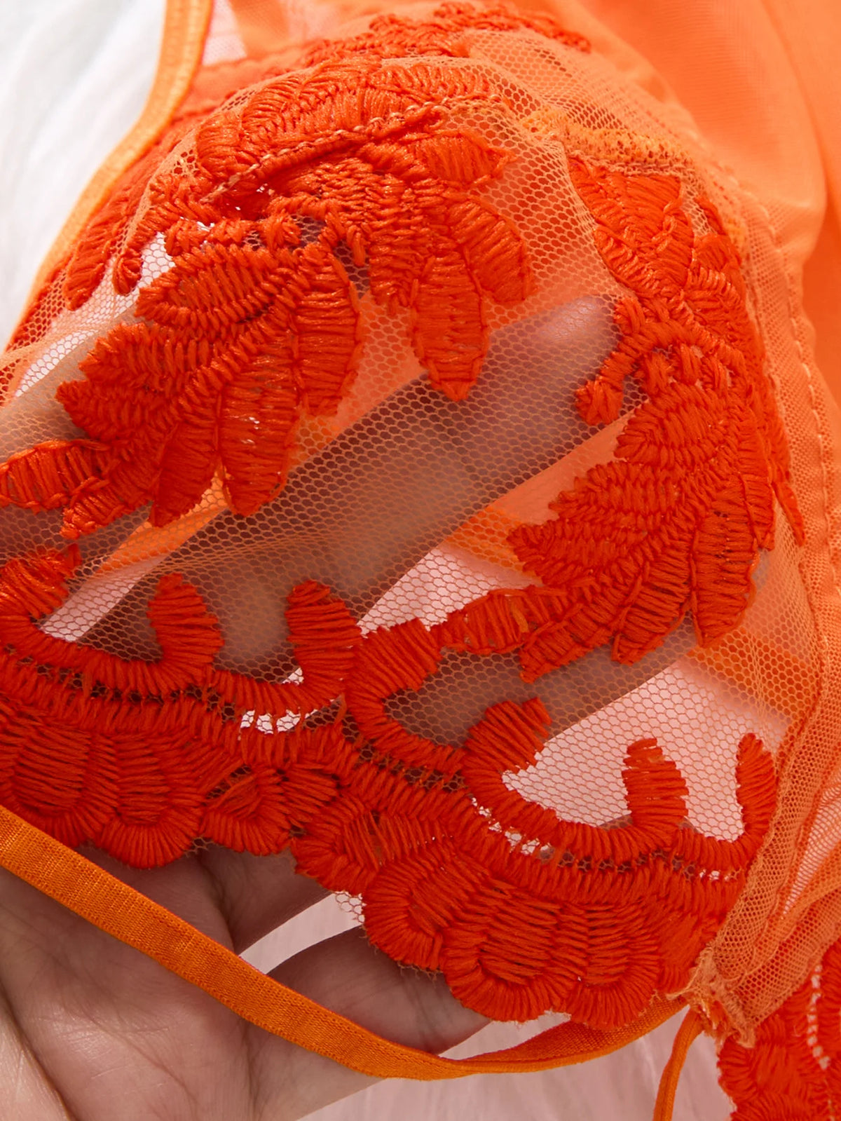 Orange Floral Lace Sheer Mesh Babydoll Lingerie Set Slip Nightdress With Matching Thong Women Sexy Sleepwear ZA825066