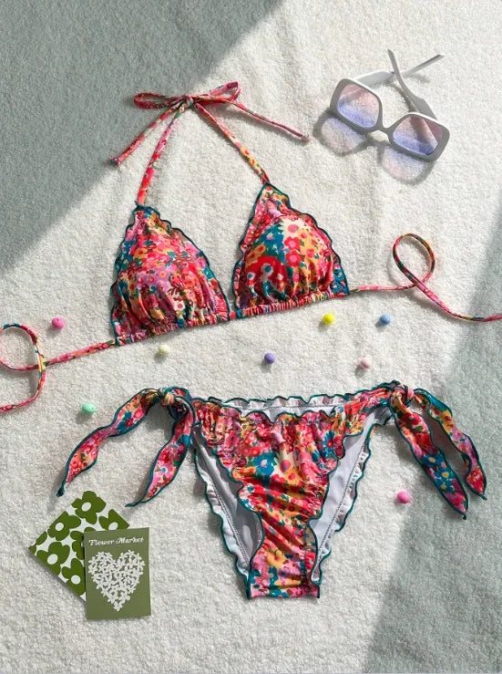Women Cute Bikini Set 2025 New Summer Orange Floral Print Halter Ruffles Push Up Tie Side Thong Swimsuit Bathing Suit