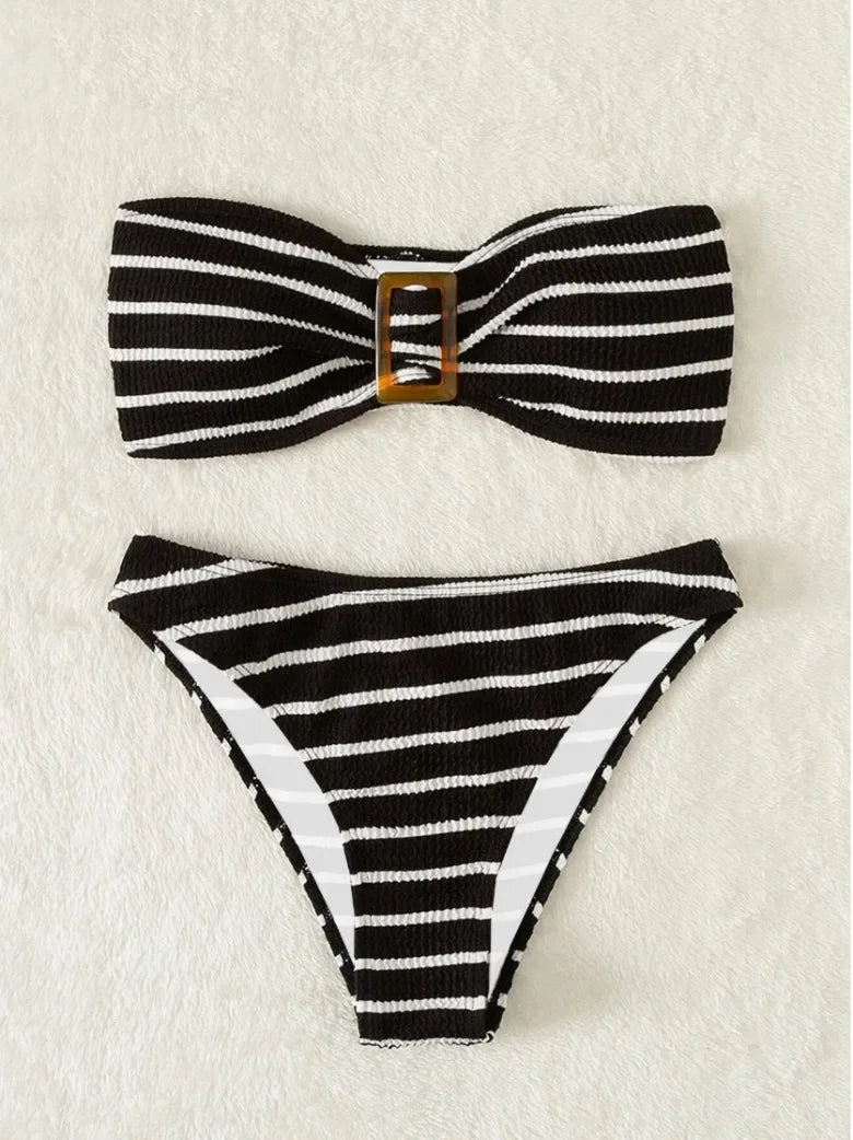 Blue Striped Bikini 2025 Brazilian Biquini Bandeau Two Pieces Swimsuit Women Thong Bathing Suit Swimwear Female Summer Beachwear