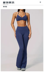 Summer Fitness Suit Women Seamless Hanging Neck Pleate Sports Bra Yoga Sets High Waist Wide Leg Leggings Running Athletic Wear