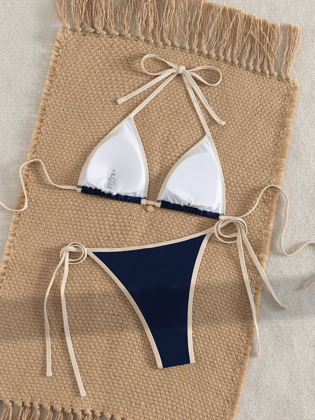 2026 Trendy String Bikini Set Triangle Top Side Tie Bottoms with Metallic PendantSolid Color Contrast Trim Women Swimwear