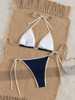 2026 Trendy String Bikini Set Triangle Top Side Tie Bottoms with Metallic PendantSolid Color Contrast Trim Women Swimwear