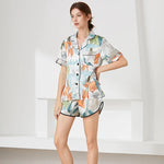 Leaf print summer short sleeved imitation silk sleepwear, lace up pants, cardigan, loose home clothes
