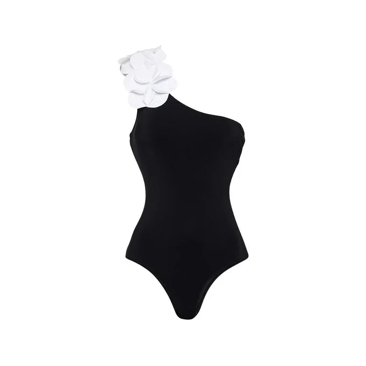 Vintage White Black Patchwork One Piece Swimsuit Long Skirt Set Women Sexy 3D Flower Bandeau Push Up Slim Holiday Swimwear 2025
