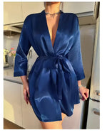 Pajamas women summer European and American ladies lace-up bathrobe sexy morning gown home dress can wear ice silk robe