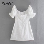 Foridol White Lace Summer Dress for Women Flower Embriodery Cotton Mini Dress Puff Sleeve Lace Up Ruffles Short Beach Dress